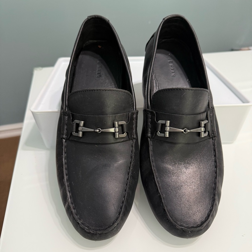 Cole Haan Black Leather Loafers with Silver Horsebit‎